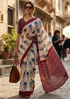 PURE SOFT MULMUL COTTON HAND BLOCK IKKAT PRINT MAROON SAREE WITH BLOUSE