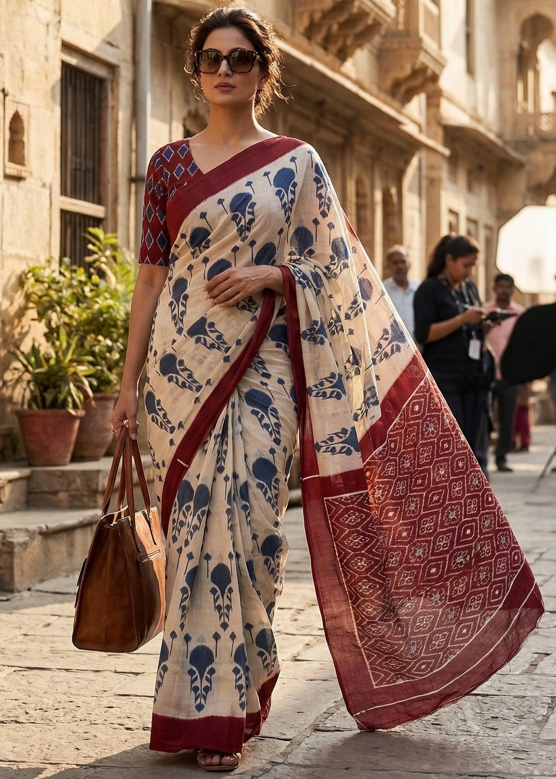 PURE SOFT MULMUL COTTON HAND BLOCK IKKAT PRINT MAROON SAREE WITH BLOUSE