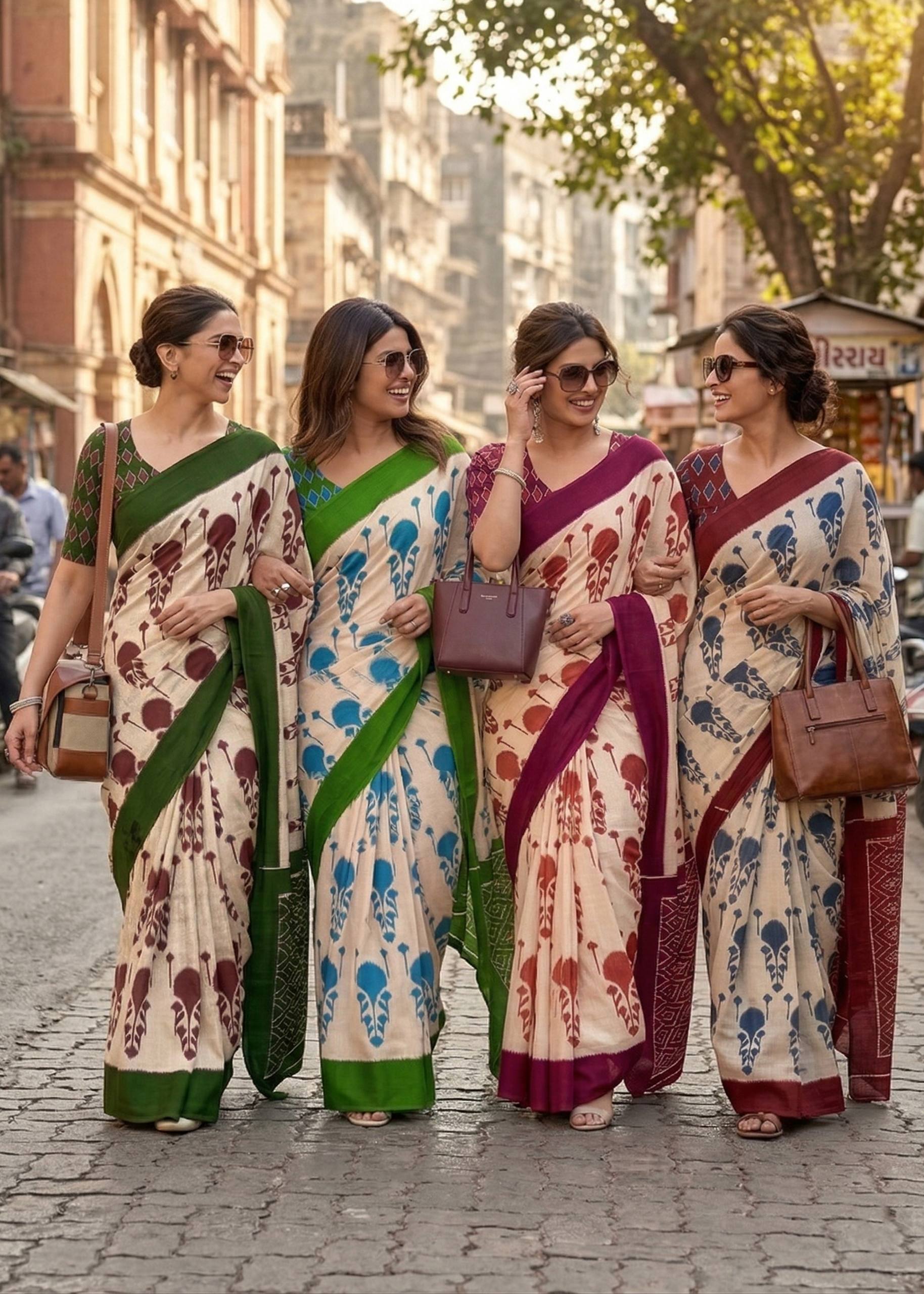 PURE SOFT MULMUL COTTON HAND BLOCK IKKAT PRINT GREEN AND BLUE SAREE WITH BLOUSE