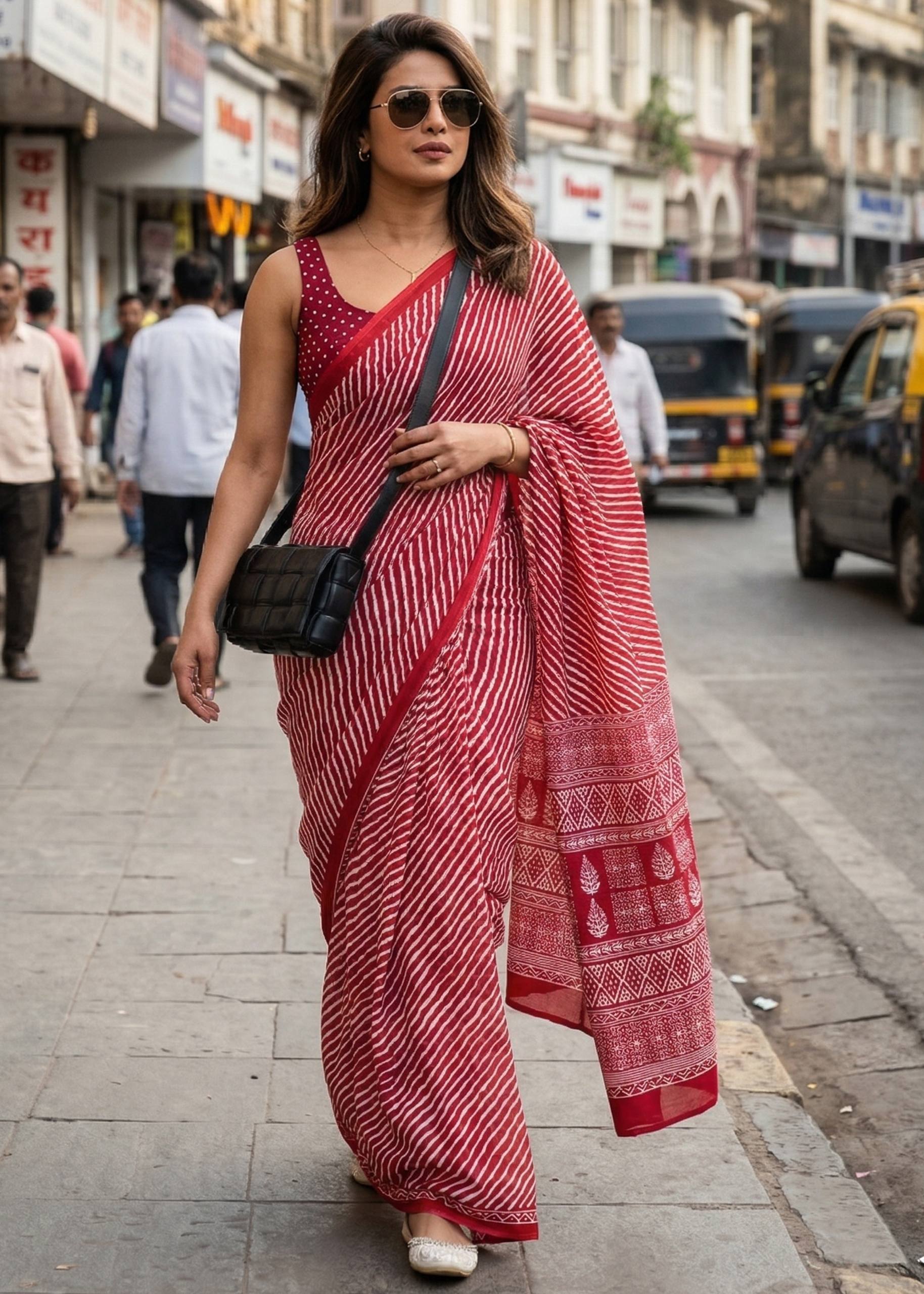PURE SOFT MULMUL COTTON HAND PRINT LEHERIYA RED SAREE WITH BLOUSE