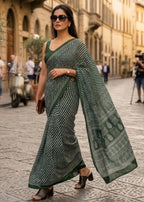 PURE SOFT MULMUL COTTON HAND PRINT LEHERIYA GREEN SAREE WITH BLOUSE