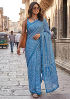 PURE SOFT MULMUL COTTON HAND PRINT LEHERIYA SKY BLUE SAREE WITH BLOUSE