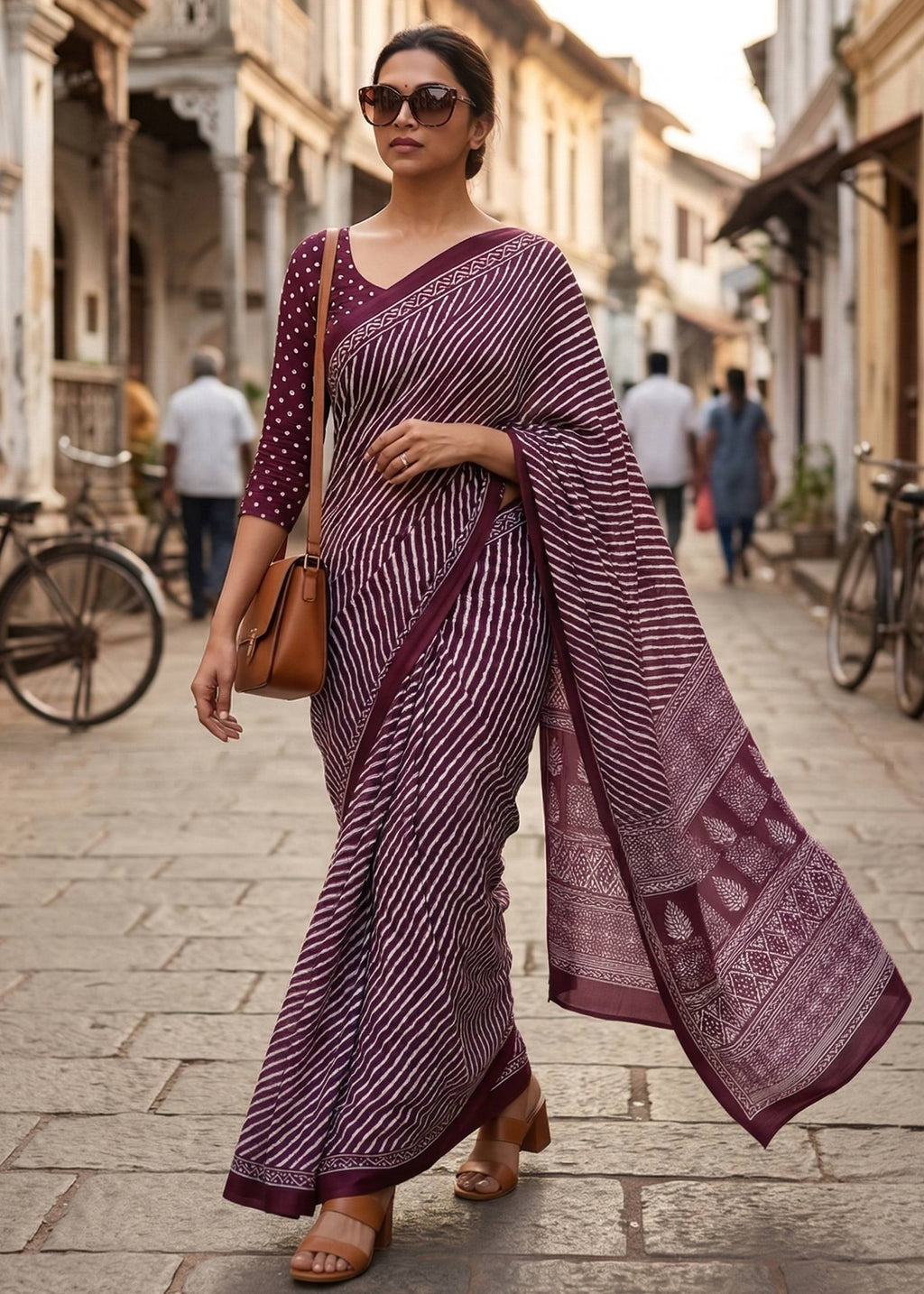 PURE SOFT MULMUL COTTON HAND PRINT LEHERIYA PURPLE SAREE WITH BLOUSE
