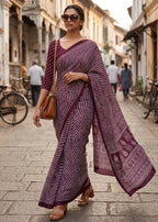 PURE SOFT MULMUL COTTON HAND PRINT LEHERIYA PURPLE SAREE WITH BLOUSE