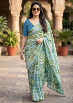 PURE SOFT MULMUL COTTON BATIK HAND BLOCK PRINT PISTA GREEN SAREE WITH BLOUSE