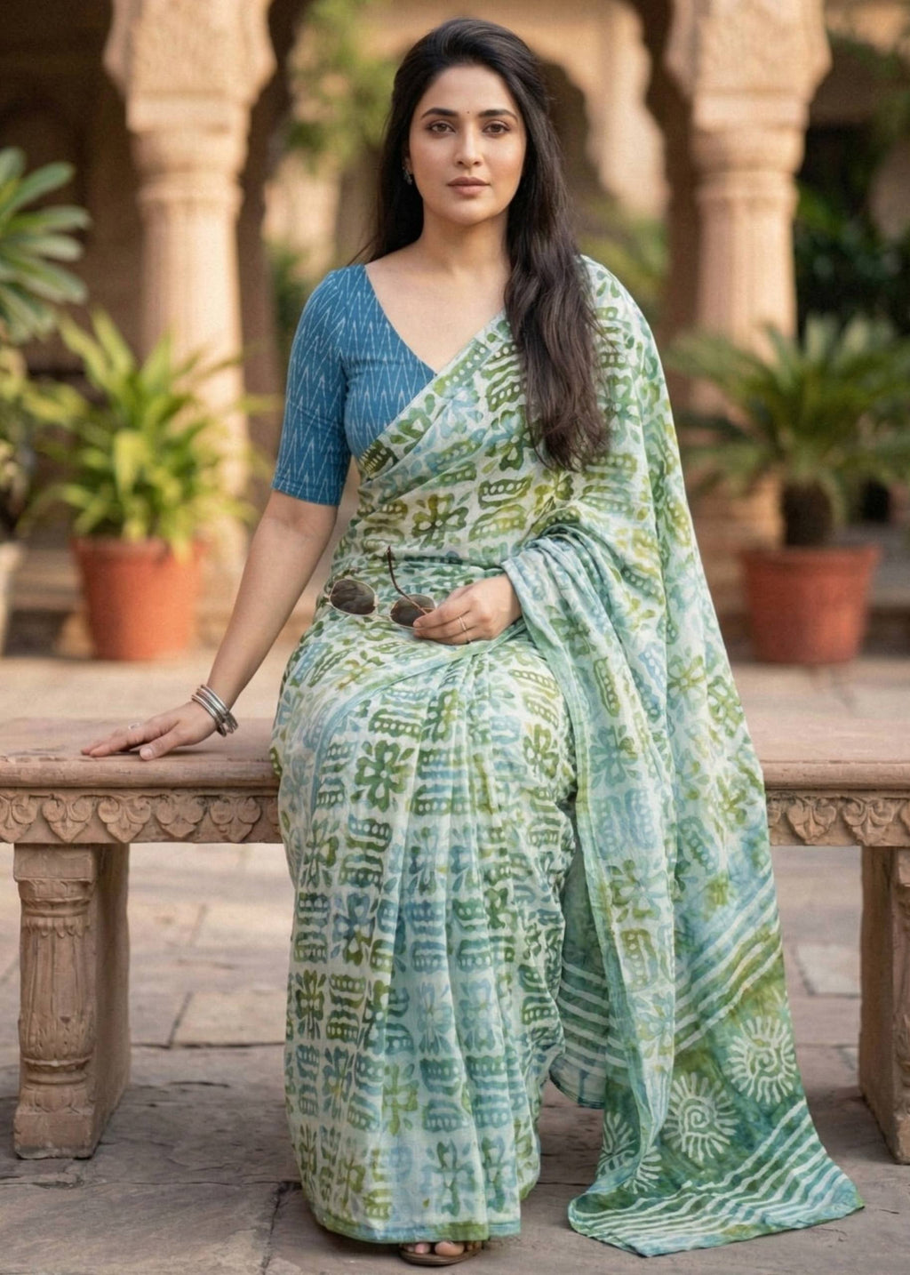 PURE SOFT MULMUL COTTON BATIK HAND BLOCK PRINT PISTA GREEN SAREE WITH BLOUSE