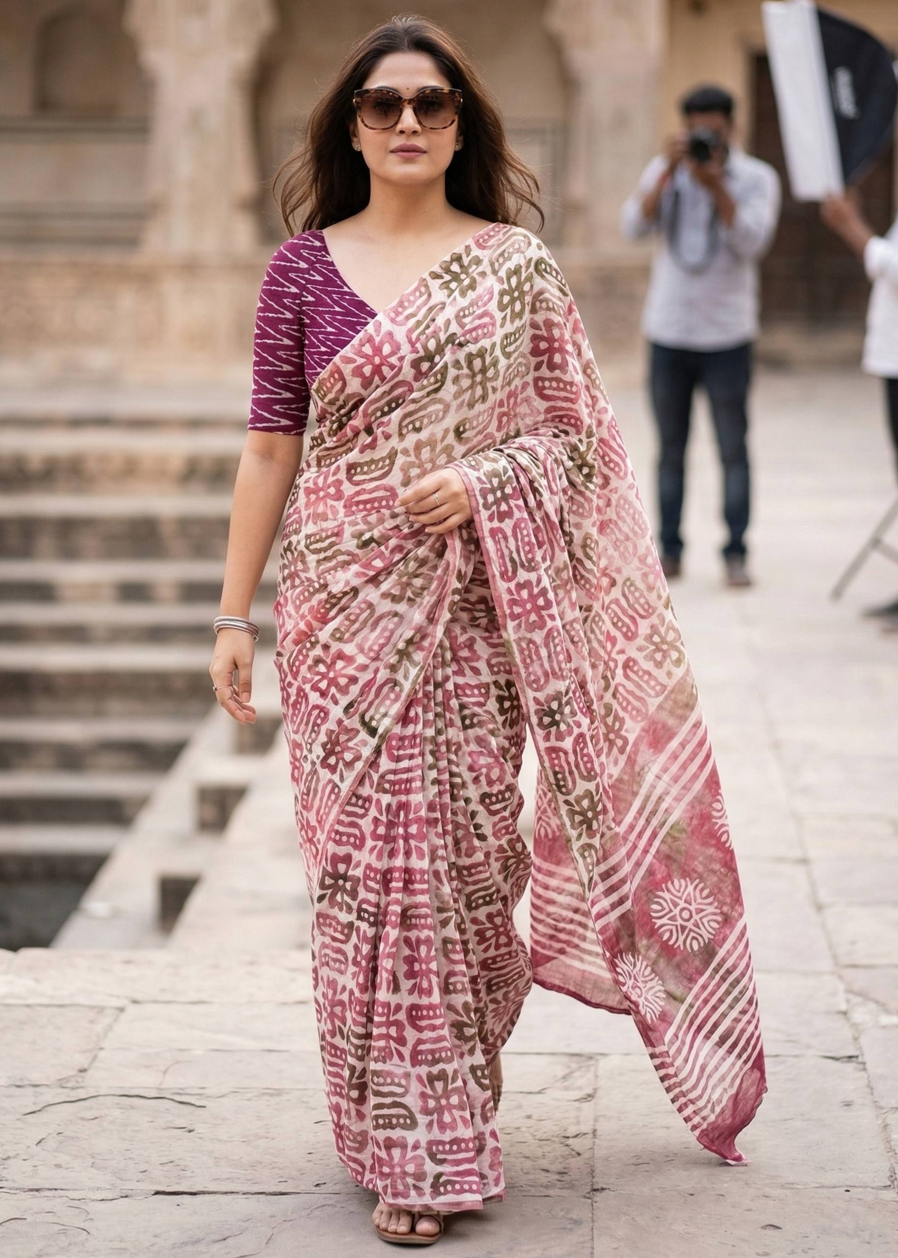 PURE SOFT MULMUL COTTON BATIK HAND BLOCK PRINT PINK SAREE WITH BLOUSE