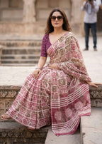 PURE SOFT MULMUL COTTON BATIK HAND BLOCK PRINT PINK SAREE WITH BLOUSE