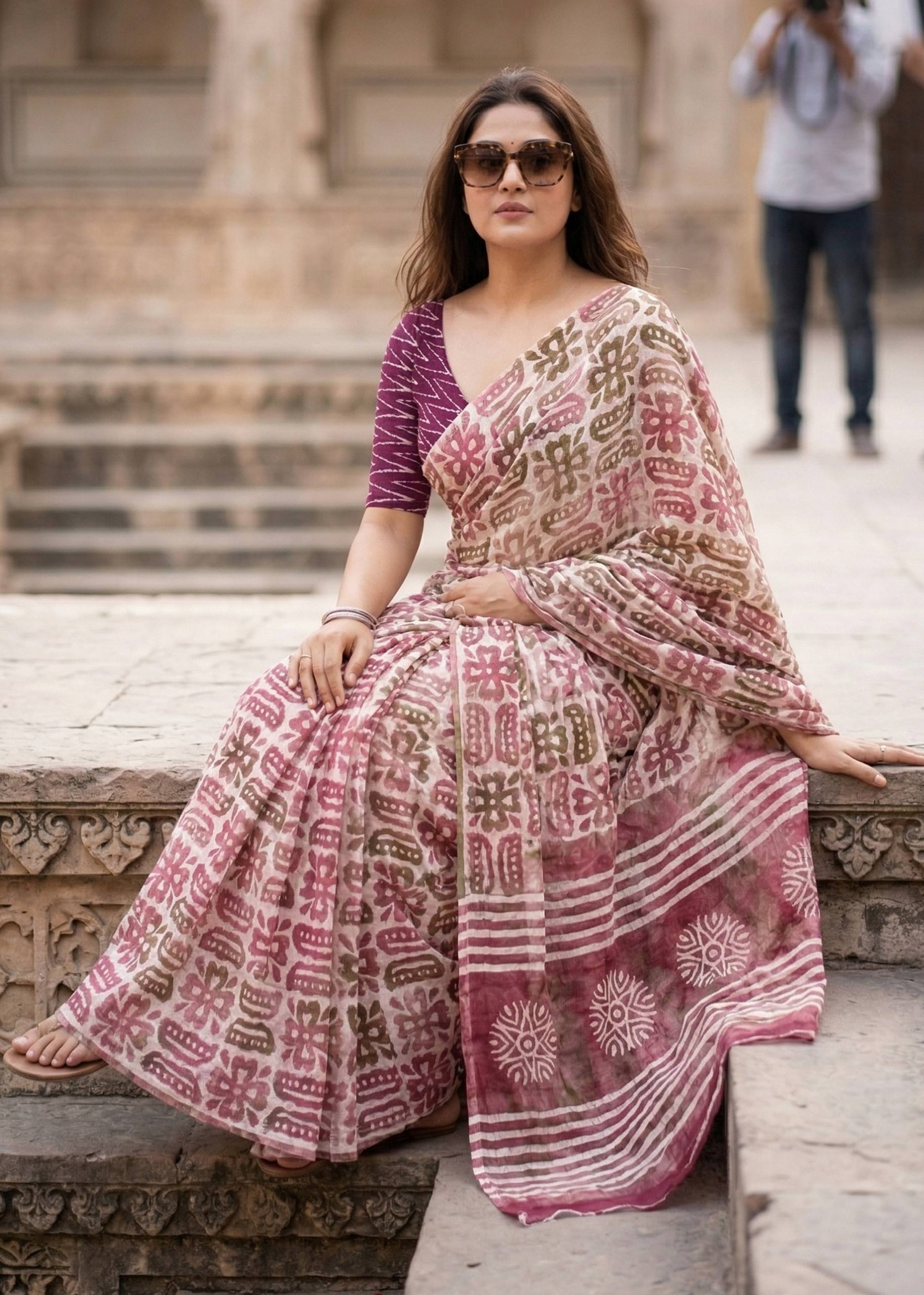 PURE SOFT MULMUL COTTON BATIK HAND BLOCK PRINT PINK SAREE WITH BLOUSE