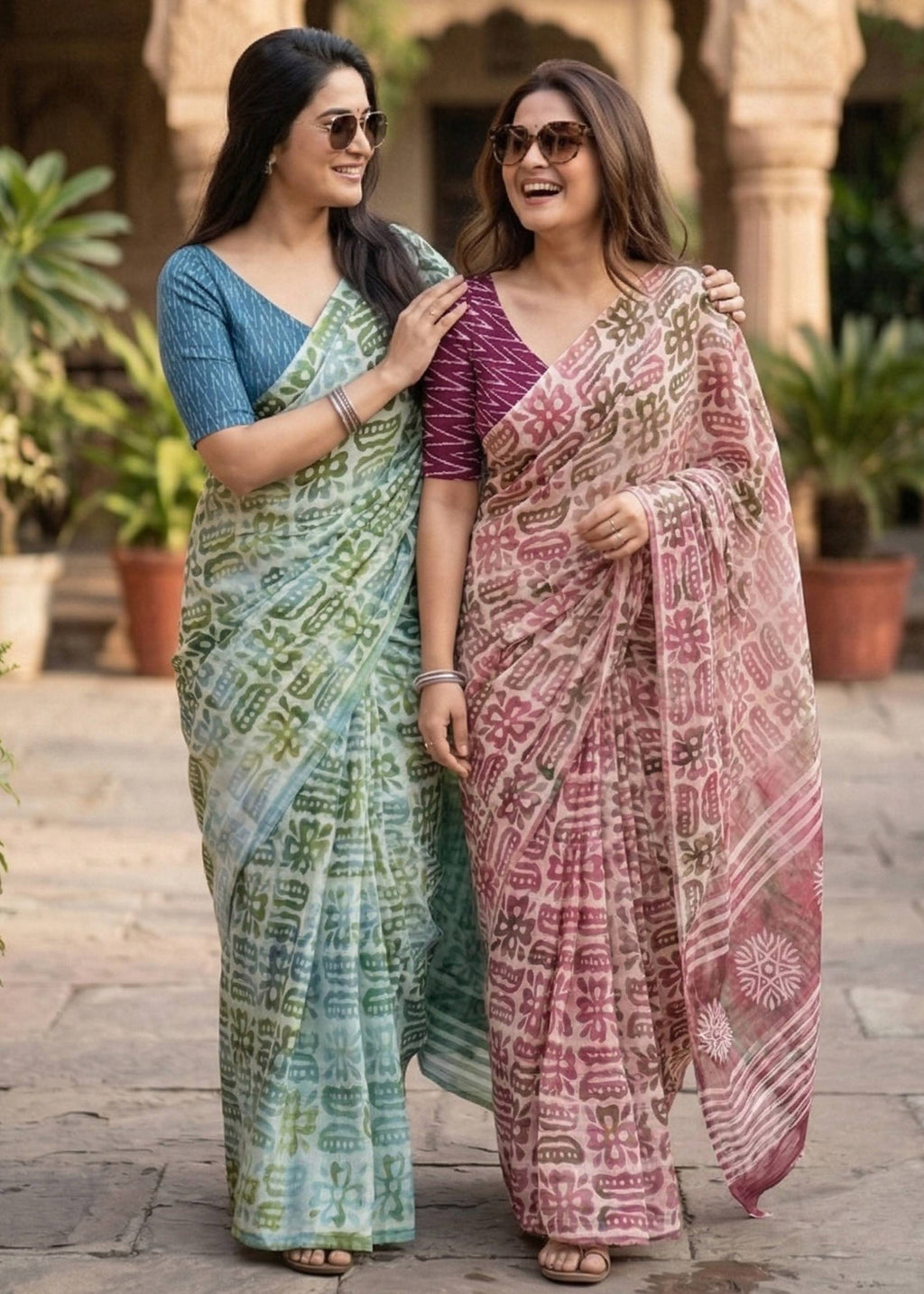 PURE SOFT MULMUL COTTON BATIK HAND BLOCK PRINT PINK SAREE WITH BLOUSE