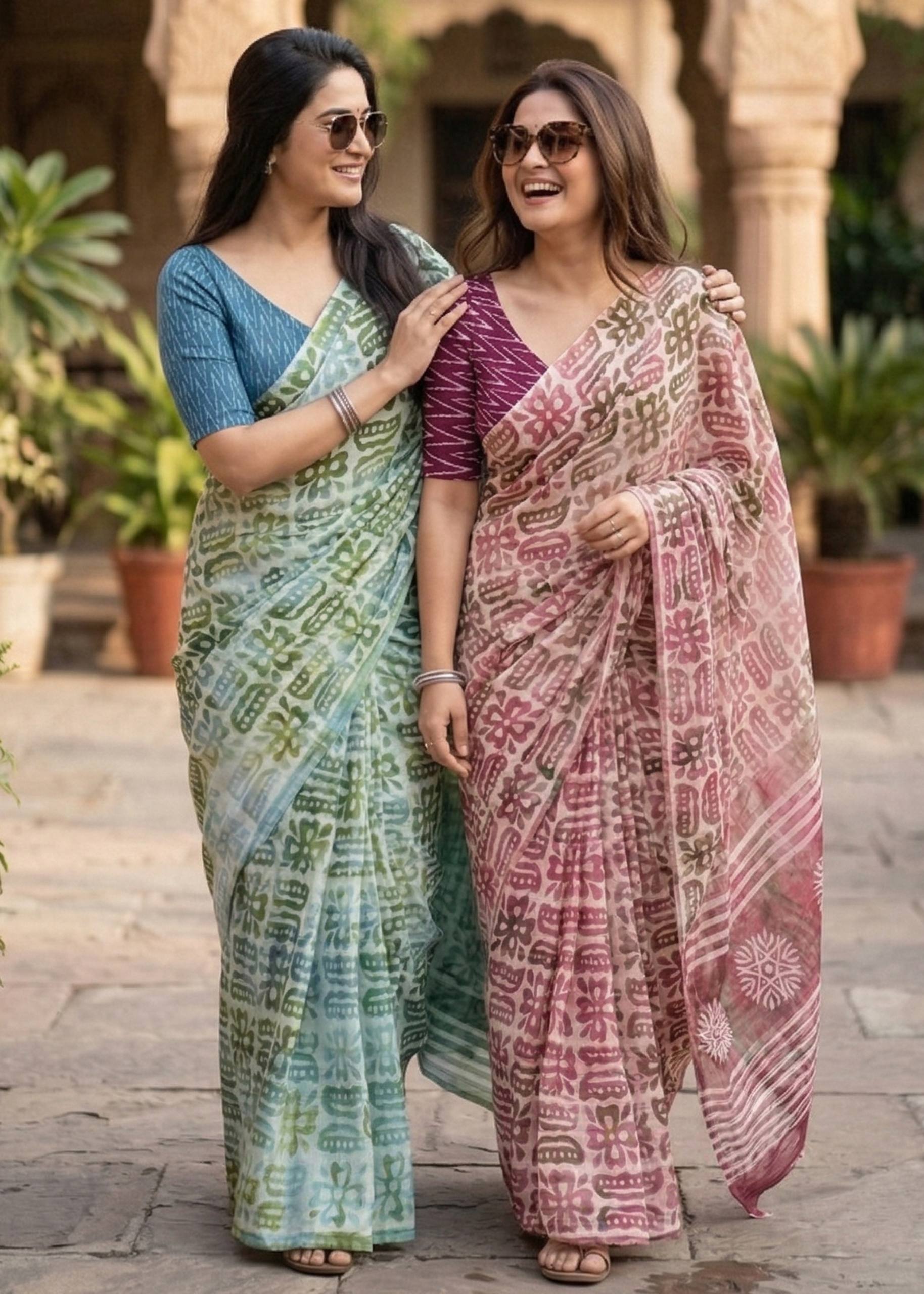 PURE SOFT MULMUL COTTON BATIK HAND BLOCK PRINT PINK SAREE WITH BLOUSE