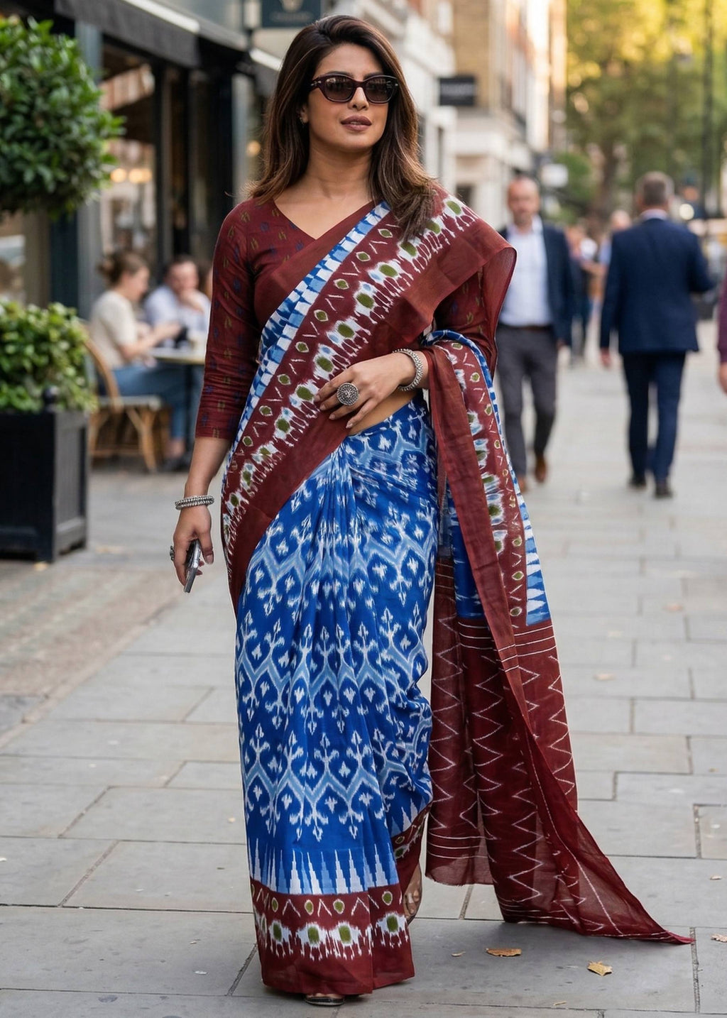 PURE MULMUL COTTON HAND BLOCK IKKAT PRINT BLUE SAREE WITH BLOUSE