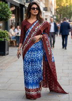 PURE MULMUL COTTON HAND BLOCK IKKAT PRINT BLUE SAREE WITH BLOUSE