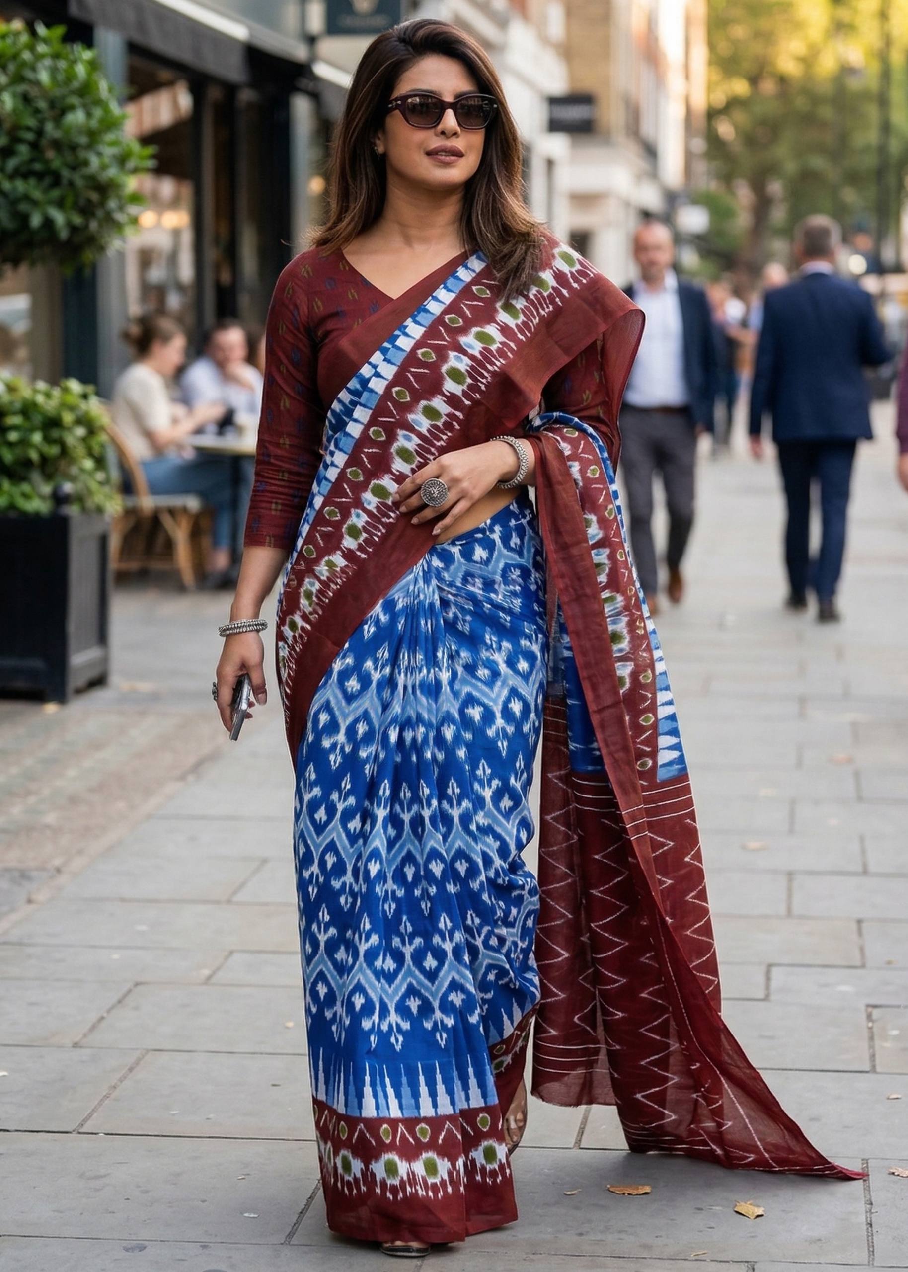 PURE MULMUL COTTON HAND BLOCK IKKAT PRINT BLUE SAREE WITH BLOUSE