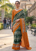 PURE MULMUL COTTON HAND BLOCK IKKAT PRINT GREEN SAREE WITH BLOUSE