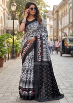 PURE MULMUL COTTON HAND BLOCK IKKAT PRINT BLACK SAREE WITH BLOUSE
