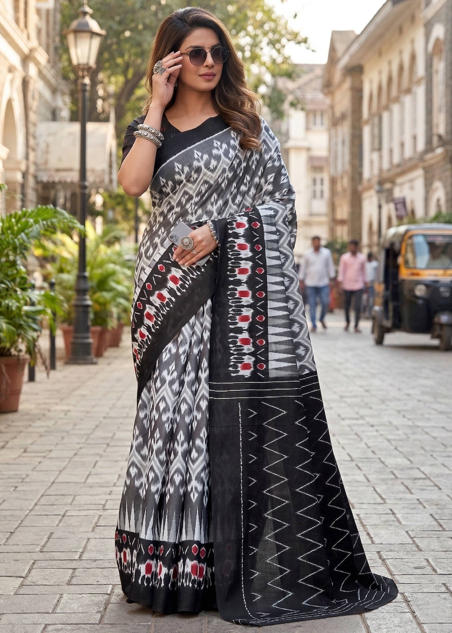 PURE MULMUL COTTON HAND BLOCK IKKAT PRINT BLACK SAREE WITH BLOUSE