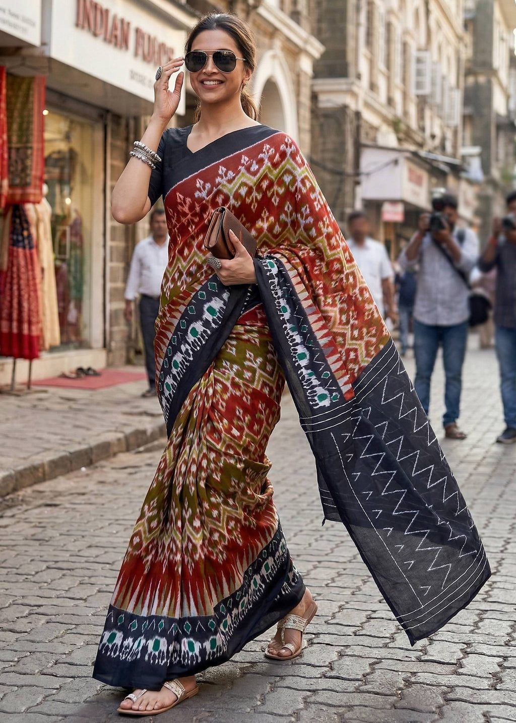 PURE MULMUL COTTON HAND BLOCK IKKAT PRINT RED AND NEVY BLUE SAREE WITH BLOUSE