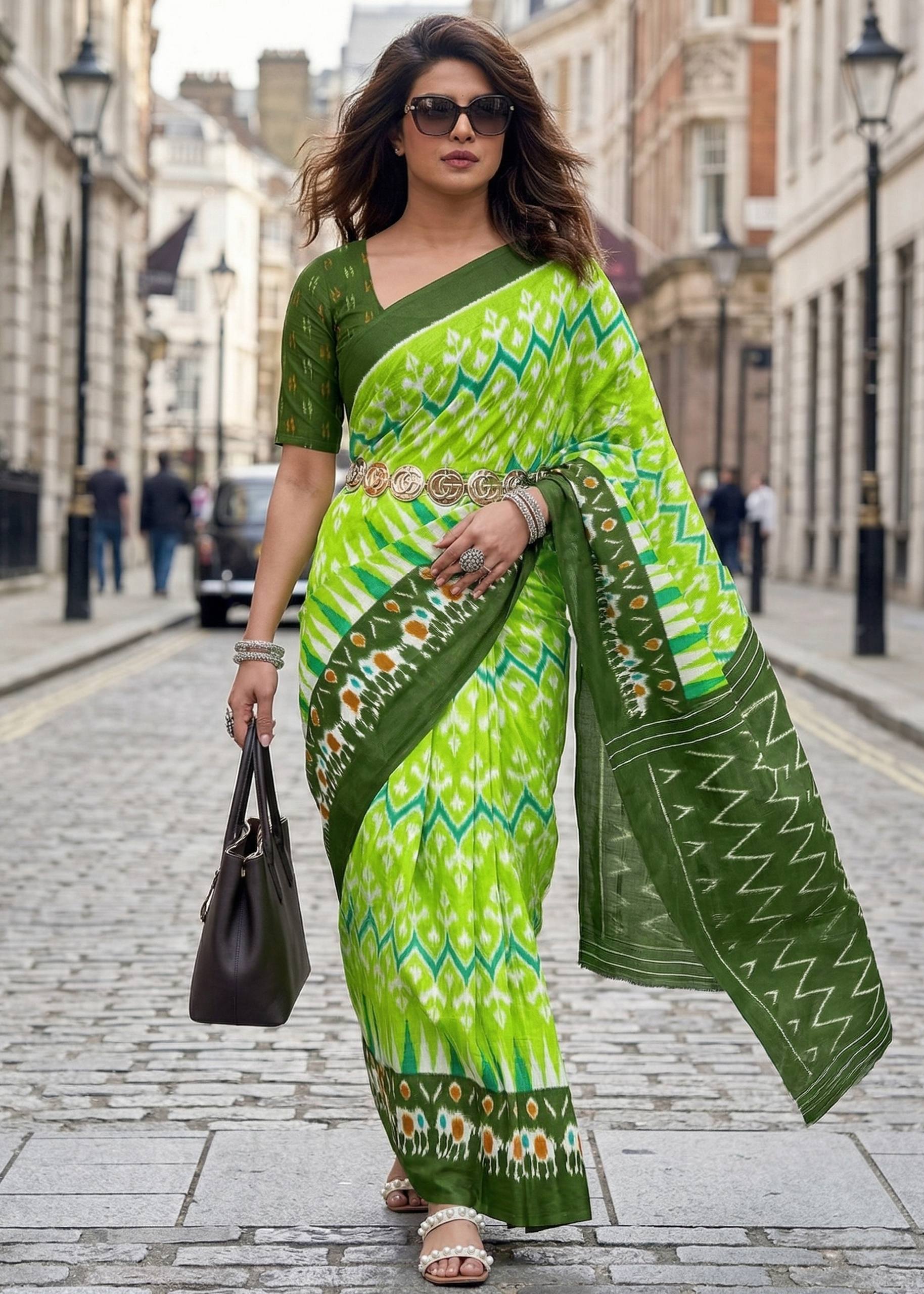 PURE MULMUL COTTON HAND BLOCK IKKAT PRINT PISTA GREEN SAREE WITH BLOUSE
