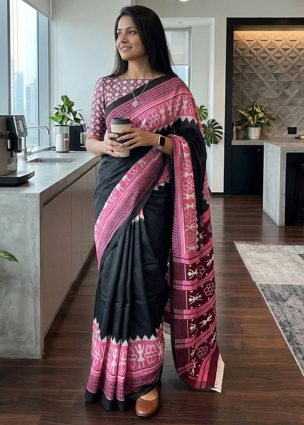 PURE SOFT MULMUL COTTON WARLI HAND BLOCK PRINT BLACK SAREE WITH BLOUSE