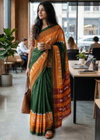 PURE SOFT MULMUL COTTON WARLI HAND BLOCK PRINT GREEN SAREE WITH BLOUSE