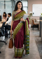 PURE SOFT MULMUL COTTON WARLI HAND BLOCK PRINT MAROON SAREE WITH BLOUSE