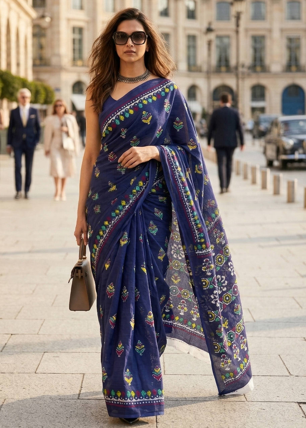 PURE SOFT MULMUL COTTON HAND BATIK STYLE BLUE SAREE WITH BLOUSE