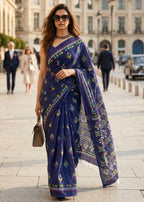 PURE SOFT MULMUL COTTON HAND BATIK STYLE BLUE SAREE WITH BLOUSE