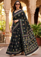 PURE SOFT MULMUL COTTON HAND BATIK STYLE BLACK SAREE WITH BLOUSE