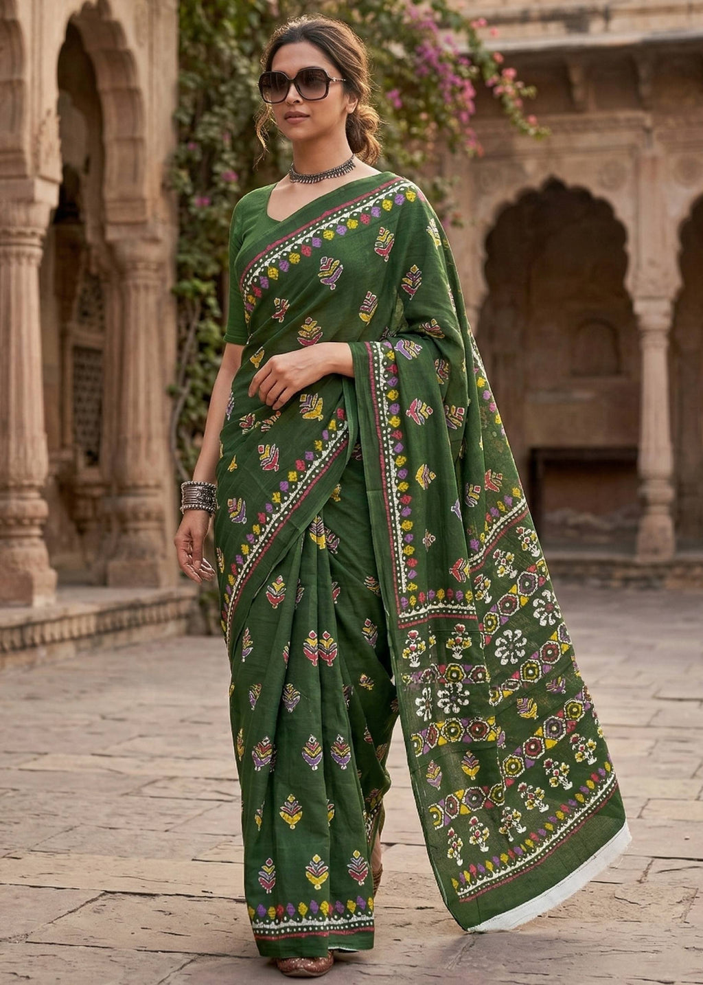 PURE SOFT MULMUL COTTON HAND BATIK STYLE GREEN SAREE WITH BLOUSE