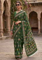 PURE SOFT MULMUL COTTON HAND BATIK STYLE GREEN SAREE WITH BLOUSE