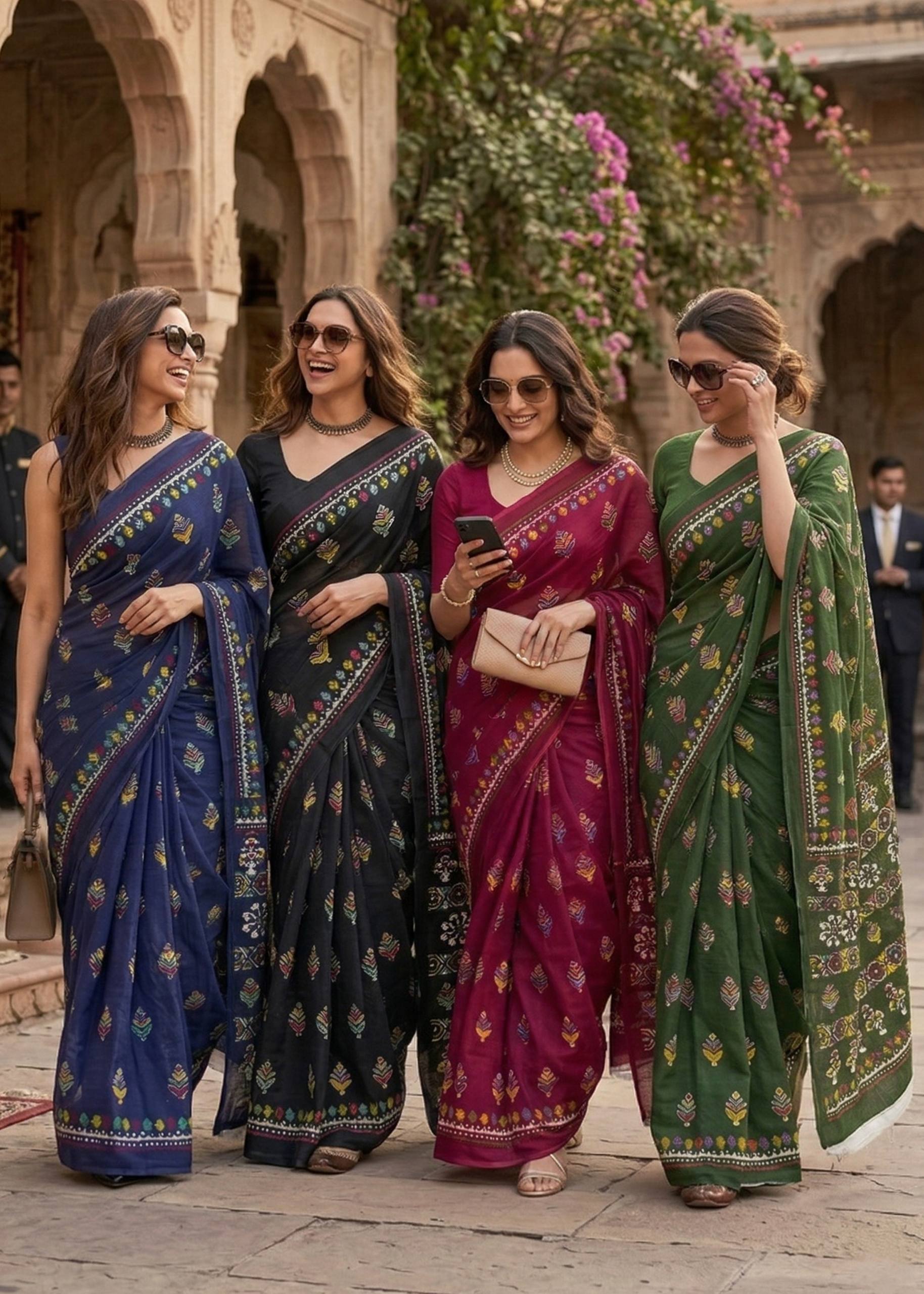 PURE SOFT MULMUL COTTON HAND BATIK STYLE BLUE SAREE WITH BLOUSE