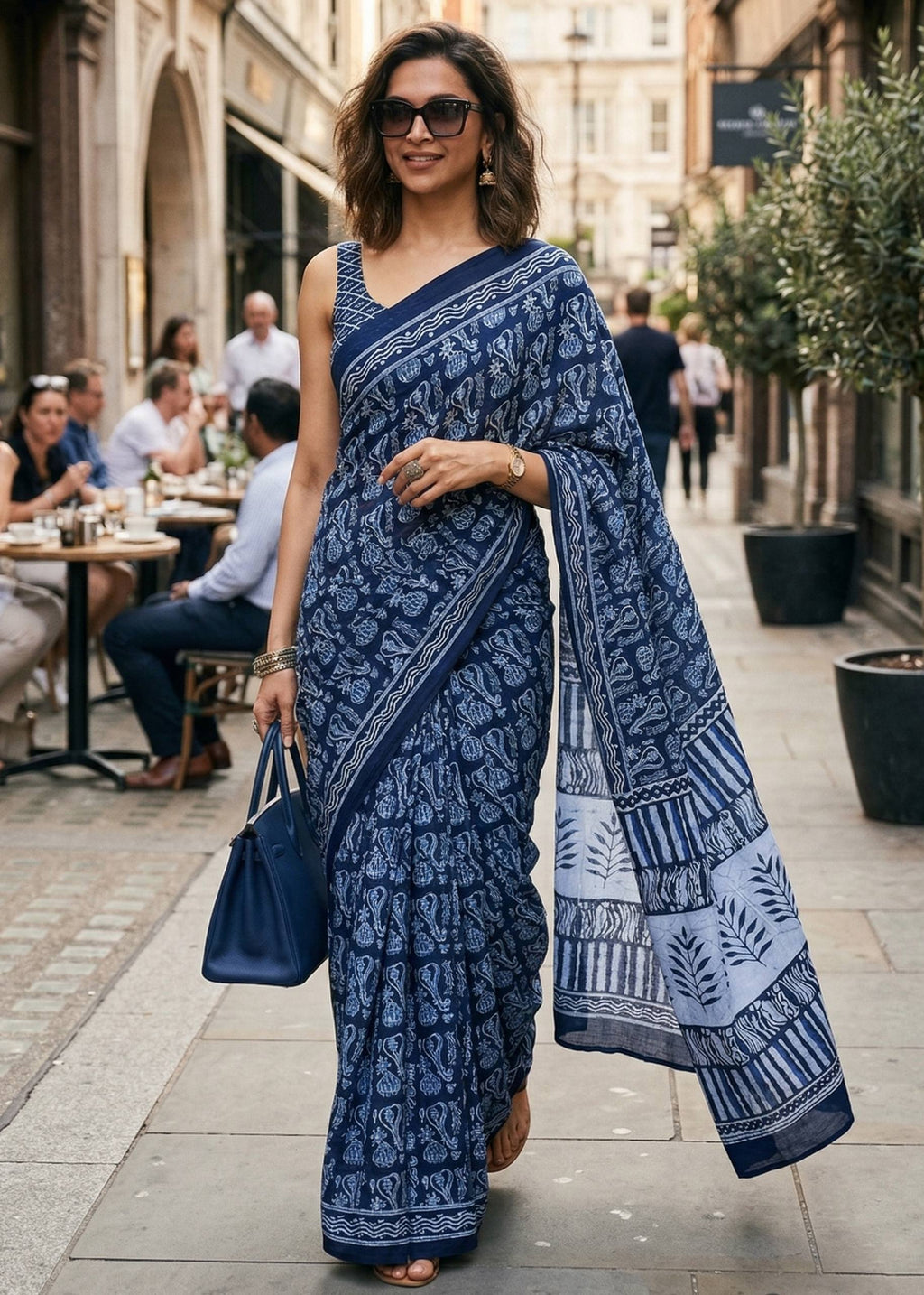 PURE SOFT MULMUL COTTON HAND BLOCK PRINT NEVY BLUE SAREE WITH BLOUSE