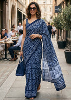 PURE SOFT MULMUL COTTON HAND BLOCK PRINT NEVY BLUE SAREE WITH BLOUSE