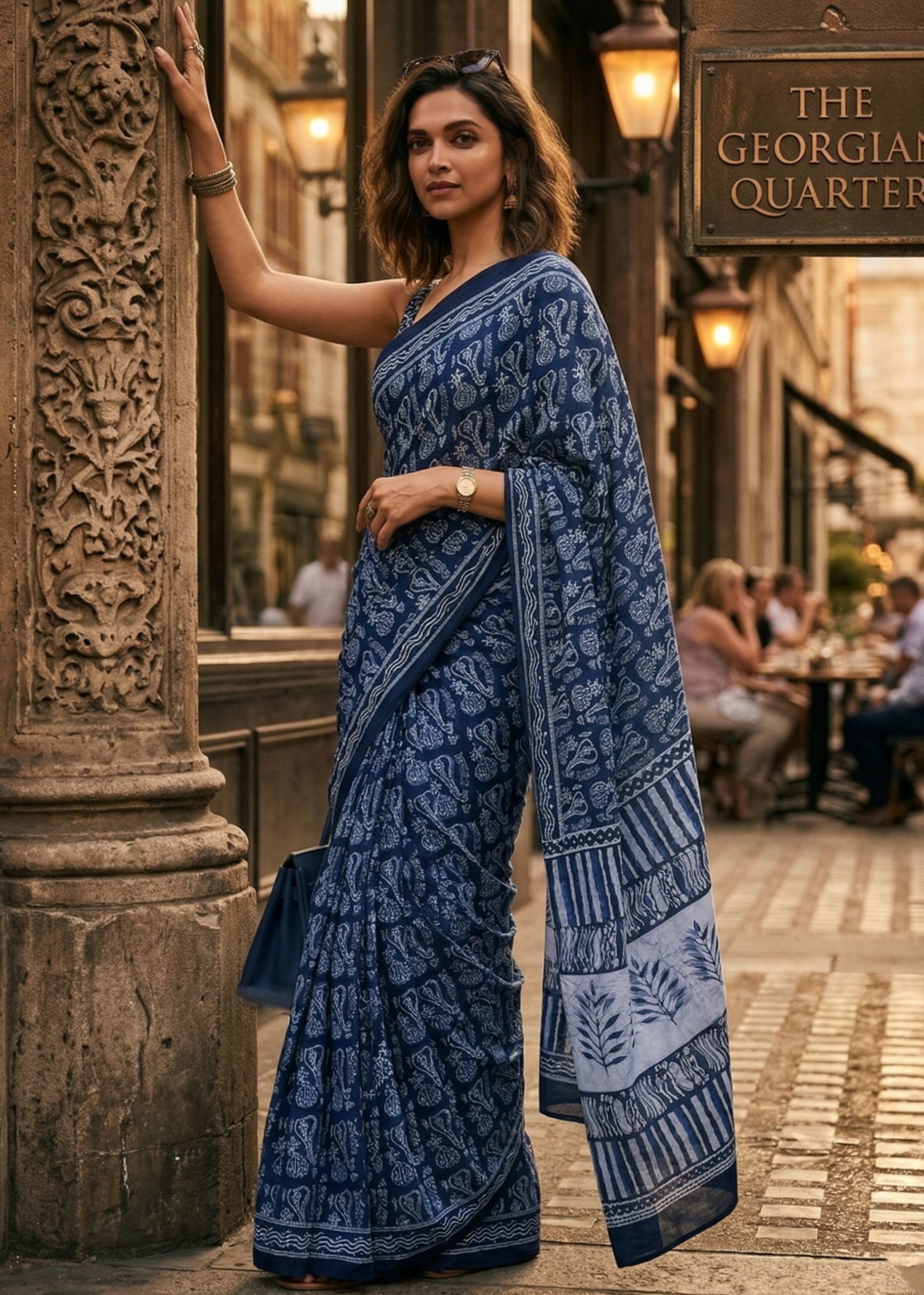 PURE SOFT MULMUL COTTON HAND BLOCK PRINT NEVY BLUE SAREE WITH BLOUSE