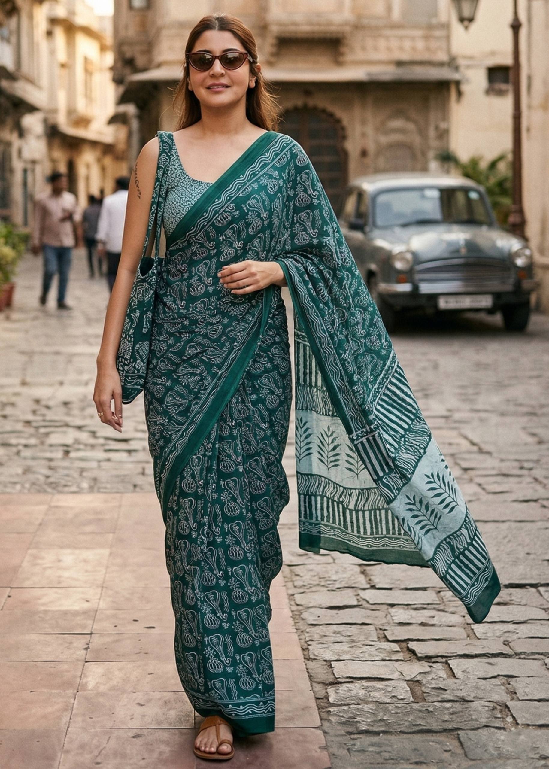 PURE SOFT MULMUL COTTON HAND BLOCK PRINT GREEN SAREE WITH BLOUSE