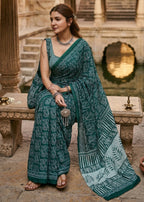 PURE SOFT MULMUL COTTON HAND BLOCK PRINT GREEN SAREE WITH BLOUSE