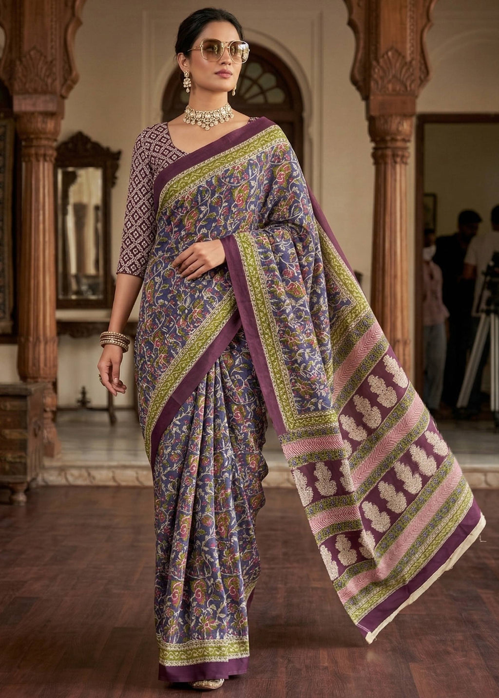 PURE KALAMKARI MULMUL COTTON HAND BLOCK PRINT BLUE SAREE WITH BLOUSE
