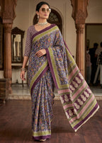 PURE KALAMKARI MULMUL COTTON HAND BLOCK PRINT BLUE SAREE WITH BLOUSE