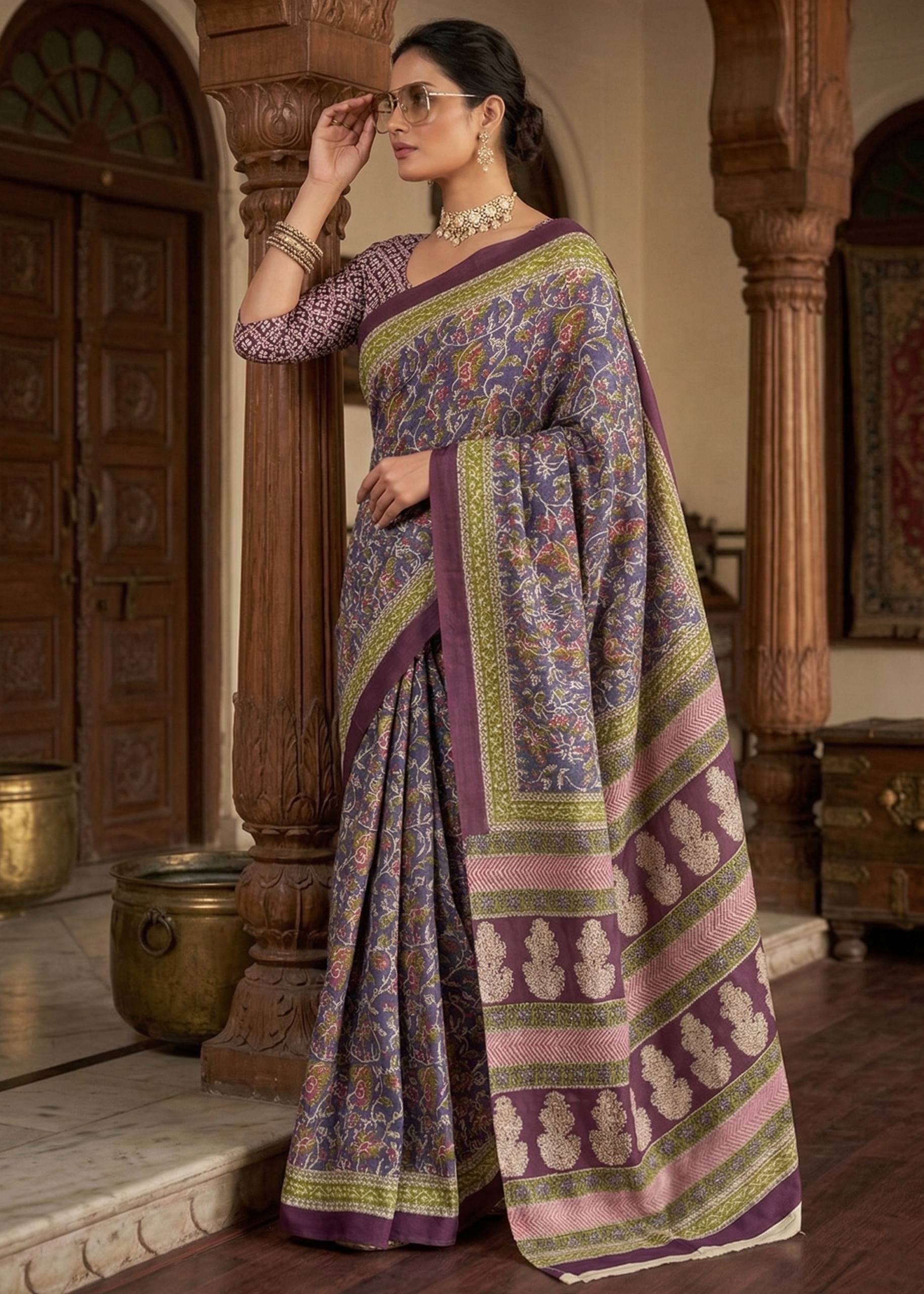 PURE KALAMKARI MULMUL COTTON HAND BLOCK PRINT BLUE SAREE WITH BLOUSE