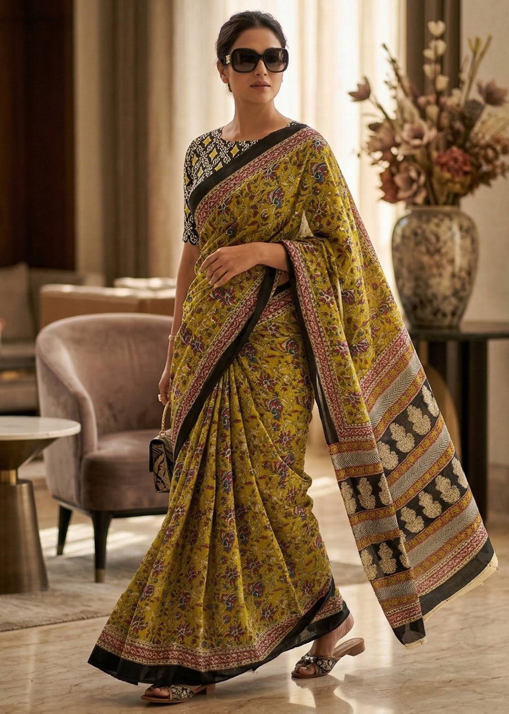 PURE KALAMKARI MULMUL COTTON HAND BLOCK PRINT MULTICOLOR SAREE WITH BLOUSE