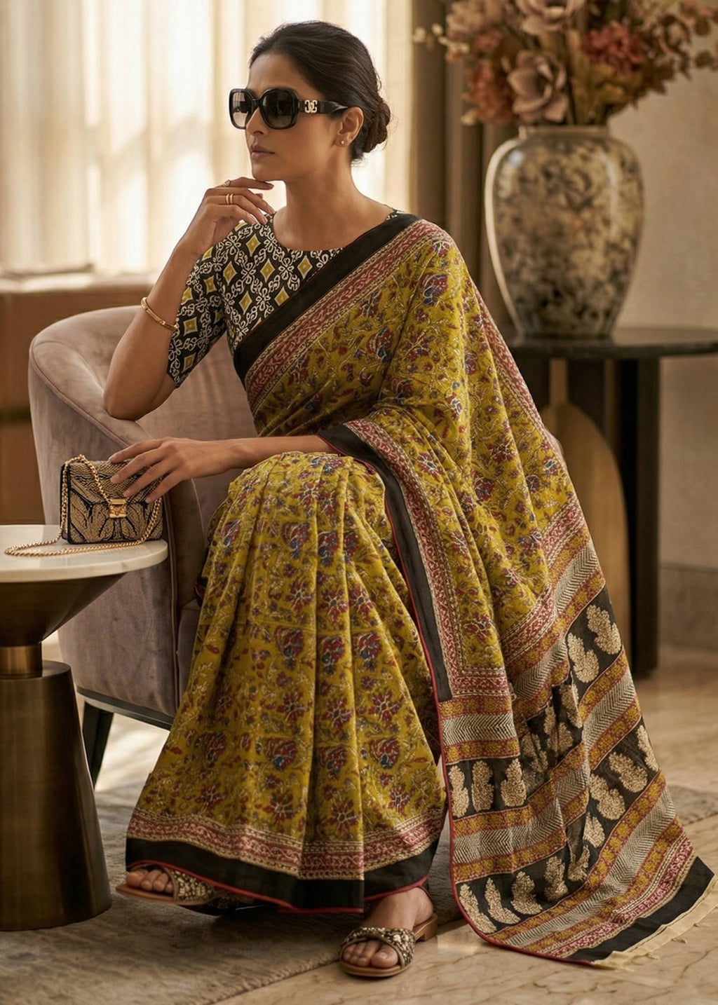 PURE KALAMKARI MULMUL COTTON HAND BLOCK PRINT MULTICOLOR SAREE WITH BLOUSE