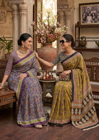 PURE KALAMKARI MULMUL COTTON HAND BLOCK PRINT BLUE SAREE WITH BLOUSE