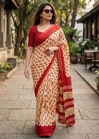 PURE SOFT MULMUL COTTON HAND BLOCK BUTI TEST PRINT RED SAREE WITH BLOUSE