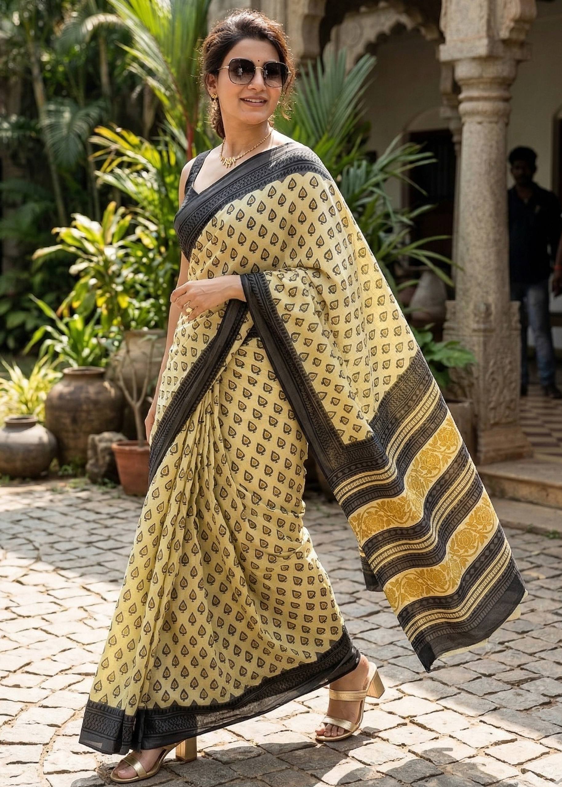 PURE SOFT MULMUL COTTON HAND BLOCK BUTI TEST PRINT BLACK SAREE WITH BLOUSE
