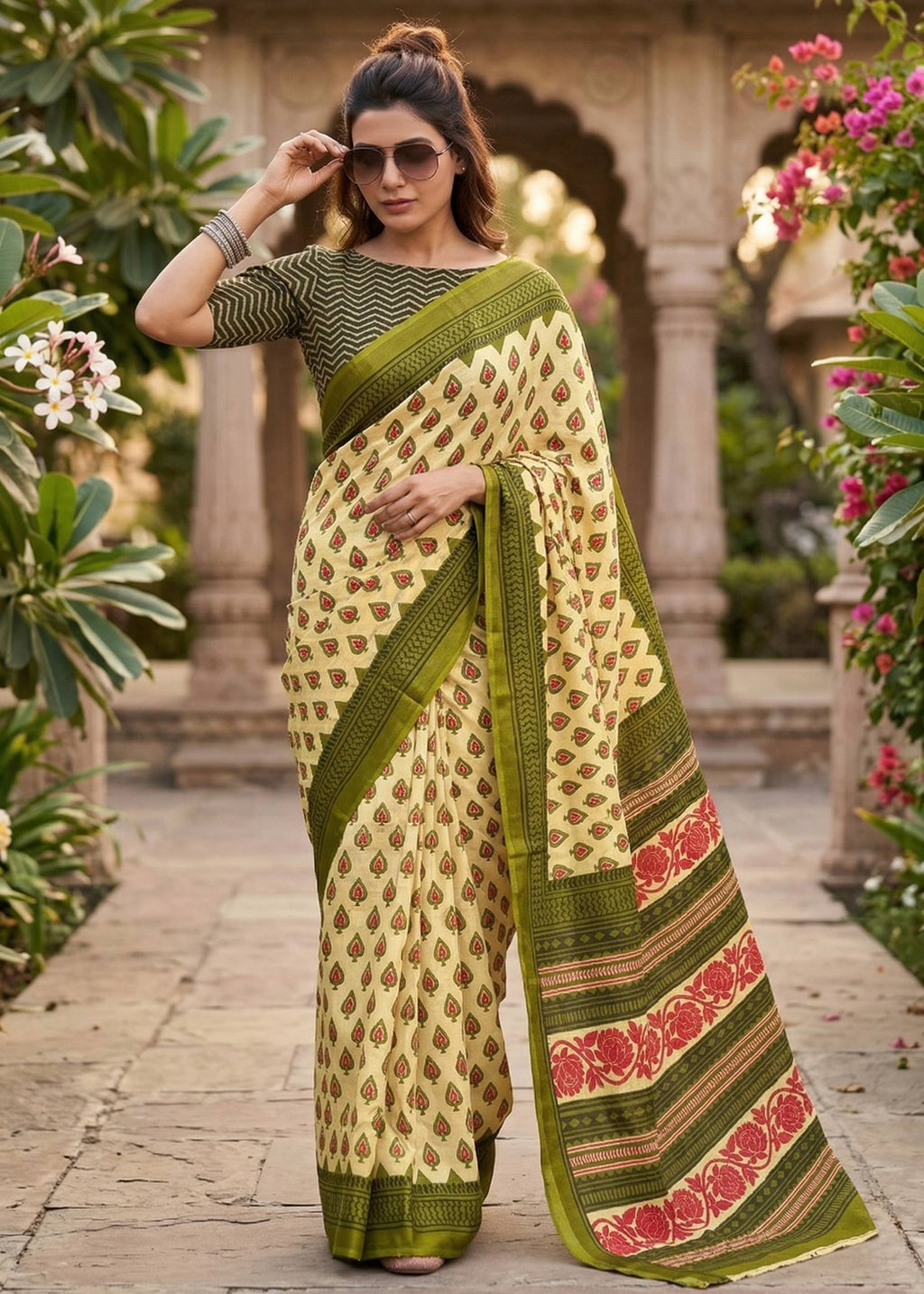 PURE SOFT MULMUL COTTON HAND BLOCK BUTI TEST PRINT MEHANDI GREEN SAREE WITH BLOUSE