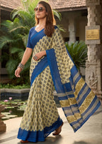 PURE SOFT MULMUL COTTON HAND BLOCK BUTI TEST PRINT BLUE SAREE WITH BLOUSE