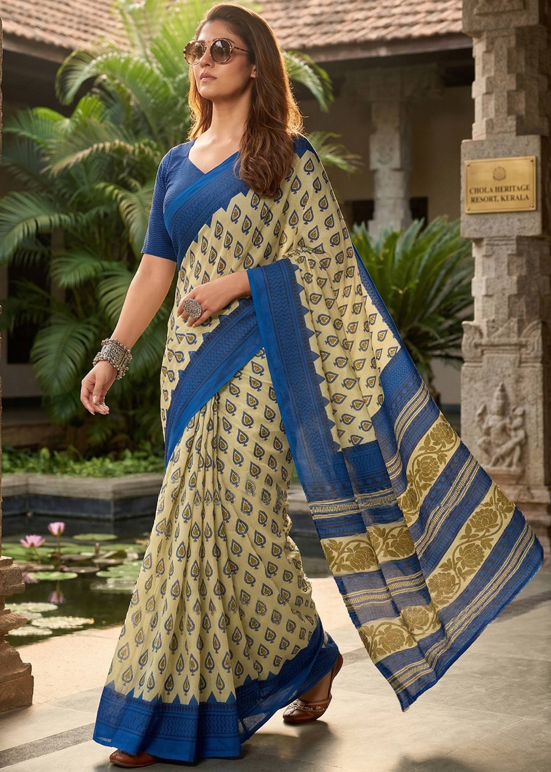 PURE SOFT MULMUL COTTON HAND BLOCK BUTI TEST PRINT BLUE SAREE WITH BLOUSE