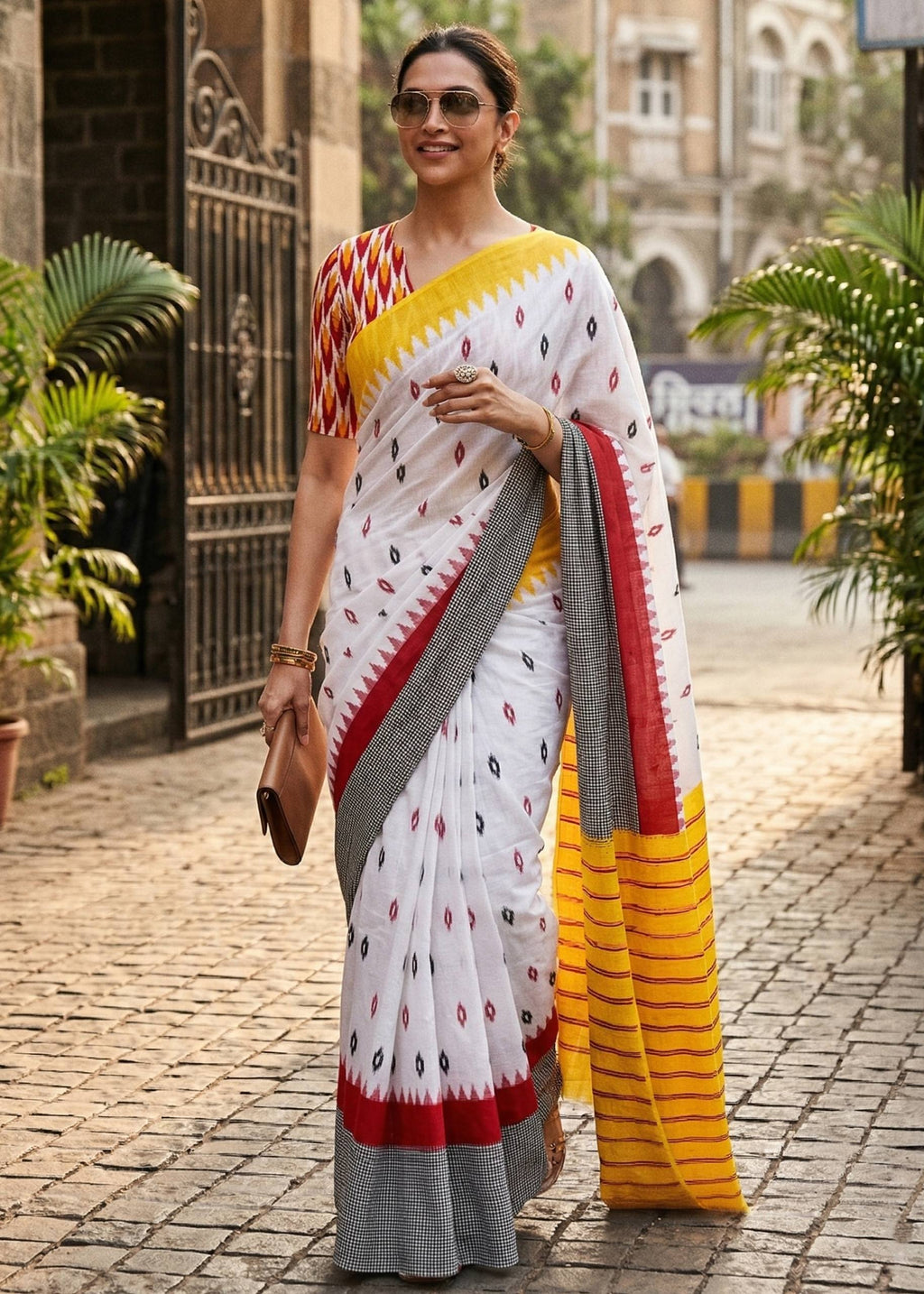 PURE SOFT MULMUL COTTON HAND BLOCK IKKAT PRINT YELLOW SAREE WITH BLOUSE