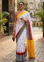 PURE SOFT MULMUL COTTON HAND BLOCK IKKAT PRINT YELLOW SAREE WITH BLOUSE